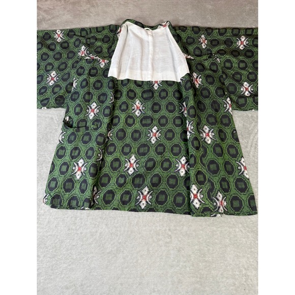 Vintage Japanese Haori Jacket Green Silk Ikat Boho Statement Coat - Picture 5 of 9